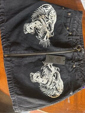 Ed Hardy Black Denim Mini Skirt with White Tiger Print